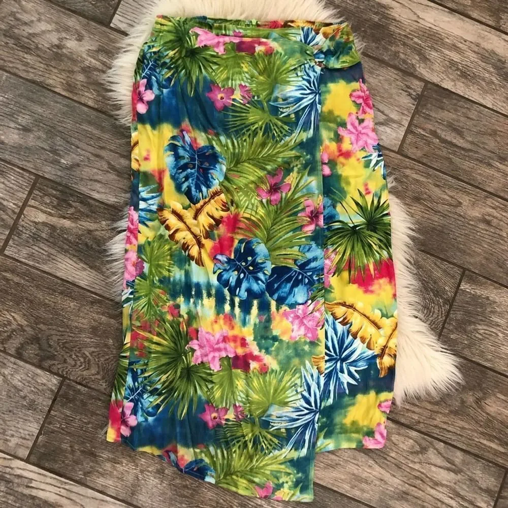 Nancy Bolen Tropical Faux Wrap Silk Skirt S